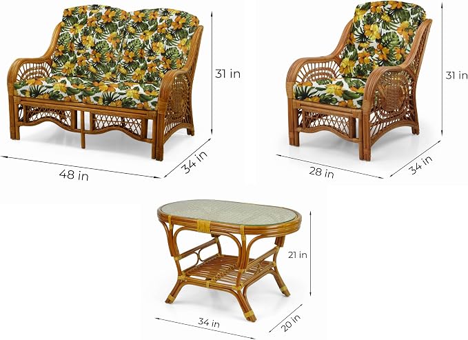 Malibu Lounge Set of 4: 2 Natural Rattan Wicker Chairs, Three-Seater Sofa with Cushions and Coffee Table with Glass Handmade, Colonial Color