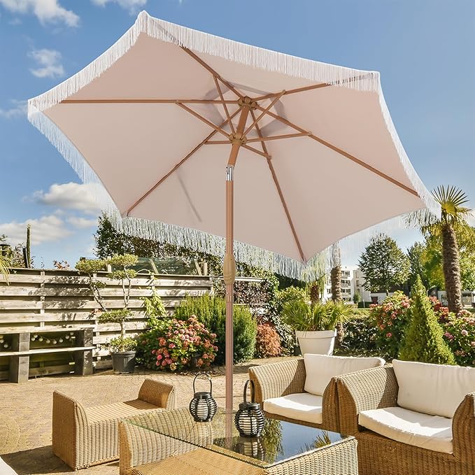 GDY 7.5 ft Tassel Patio Umbrella, Fringe with Umbrella Base - Stylish Beach, Pool, and Yard Umbrella for Ultimate Outdoor Decor, Khaki
