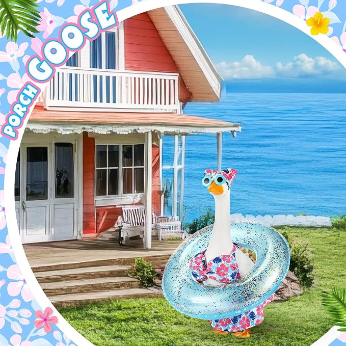 Bikini Porch Goose Outfits with Sunglasses and Swimming Tube for 23" Summer Goose Costume Garden Patio Statue Decor(Blue Monstera Leaf)