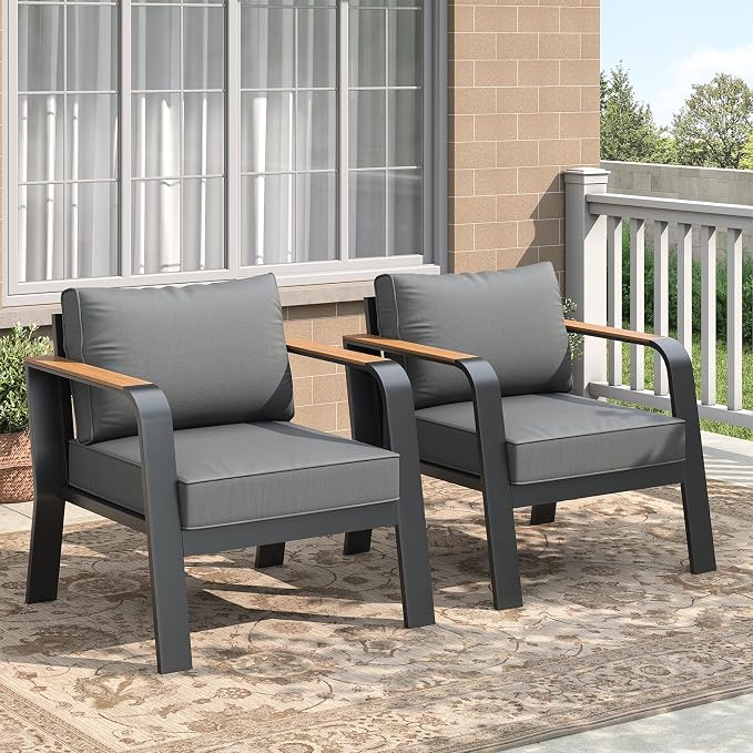 Garvee Aluminum Outdoor Patio Furniture 2 Pcs Single Cushioned Sofa Armchair All-Weather Metal Outside Furniture with Washable Thick Cushion Outdoor Sofa for Garden Balcony Deck Backyard, Dark Grey