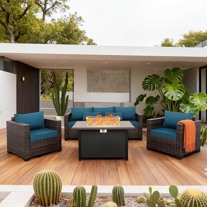 4 Pieces Outdoor Patio Furniture Set 43 In Outdoor Fire Pits Wicker Outdoor Furniture Chairs and Sofa 60000 BTU Outdoor Propane Fire Pit Table Non-Slip Cushions and Waterproof Covers, Peacock Blue