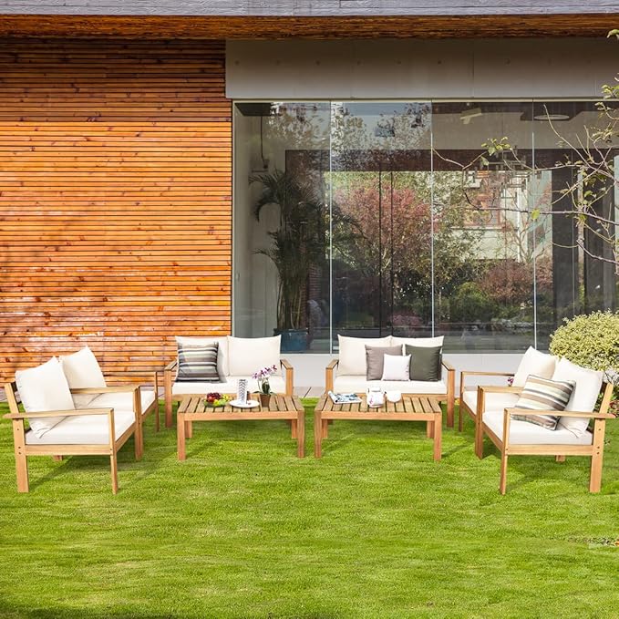 Tangkula Outdoor 8-Piece Acacia Wood Chat Set, 8 Seater Acacia Wood Conversation Sofa and Table Set with Water Resistant Cushions, Teak Finished (2, White)