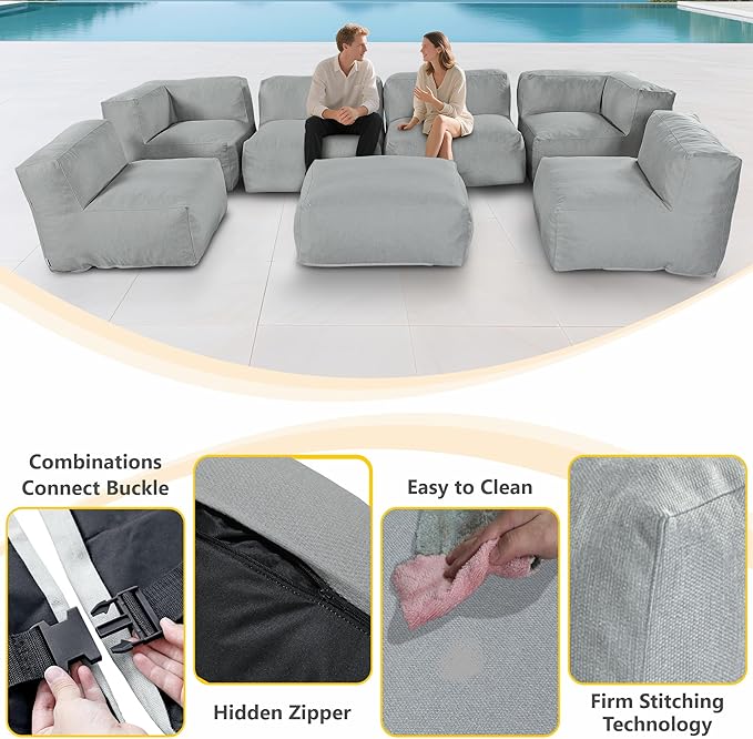 Patio Furniture Set, 7 Pcs Outdoor Conversation Set with Bean Bag Middle Chairs, Corner Chair, Ottomans, Modern Foam Couch Set for Garden, Deck, Balcony (7, Light Gray)