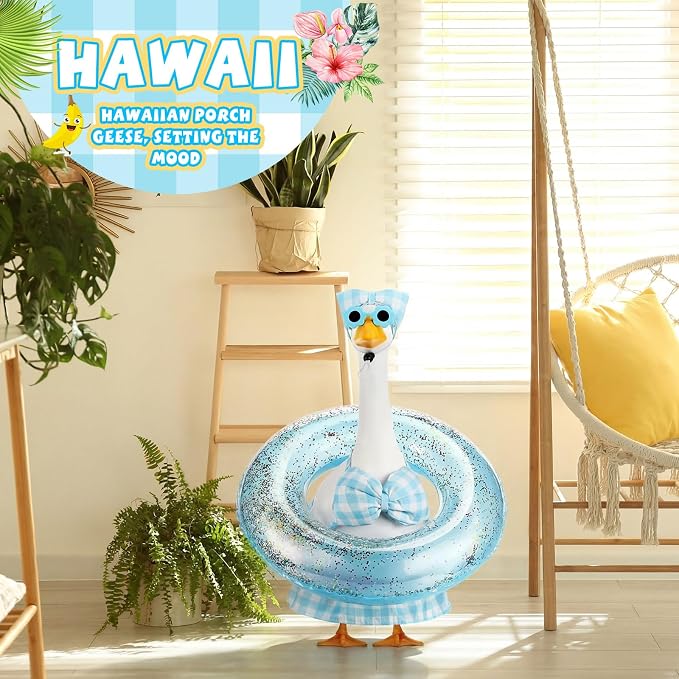 Bikini Porch Goose Outfits with Sunglasses and Swimming Tube for 23" Summer Goose Costume Garden Patio Statue Decor(Blue Plaid)