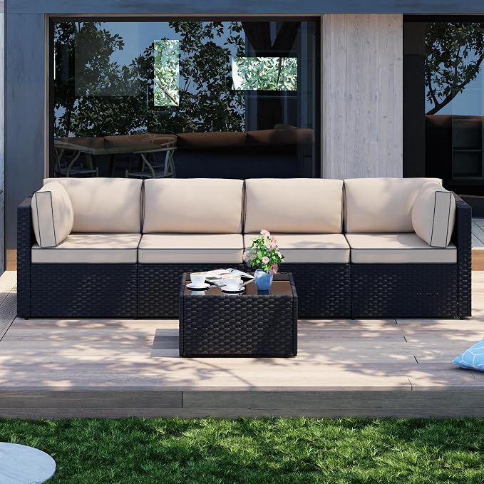 Patio Furniture Sets, 5 Piece Outdoor Sectional Sofas, Wicker Rattan Outdoor Furniture Patio Conversation Set, All-Weather PE Rattan Outdoor Couch for Backyard, Garden, Black & Khaki