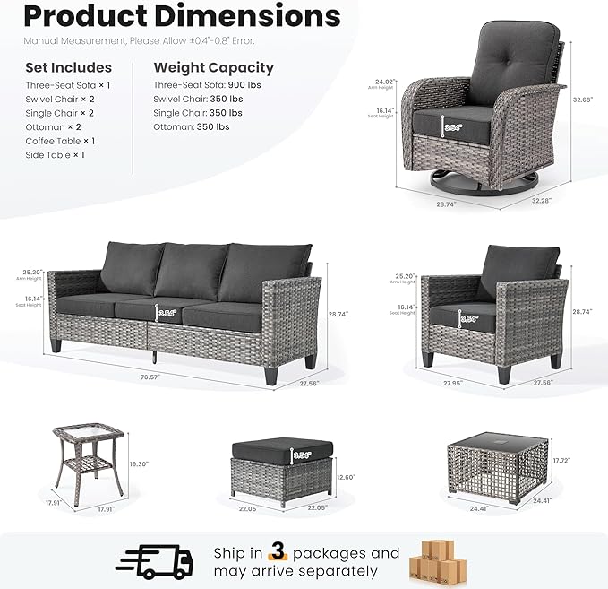 ovios 9 Pieces Patio Furniture Set, Outdoor Wicker Sofa Couch with Rocking Swivel Chairs Solar Lights Table, Modern Deep Seat Rattan Conversation Sets for Deck Porch, Black