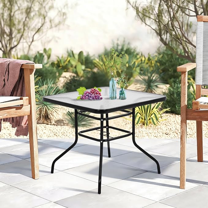 BLKMTY Outdoor Patio Table Bistro Metal Steel Frame Square Table Balcony Conversation Coffee Tables with Umbrella Hole Outside Garden Dining Tables with Tempered Glass Top, Black