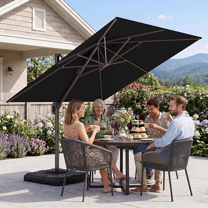 GENTEACO 10X10 FT Cantilever Umbrella, Large Offset Patio Umbrella with 6 Angle Tilts & 360° Rotation, Large Square Sun Umbrellas for Outdoor Patio Pool Deck Market, Black