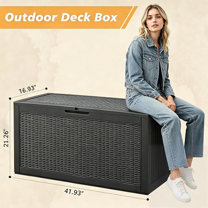 Fancyango 60 Gallon Outdoor Deck Box Waterproof, Storage Box for Patio, Resin Storage Bench Lockable for Garden Tools, Package Delivery, Black