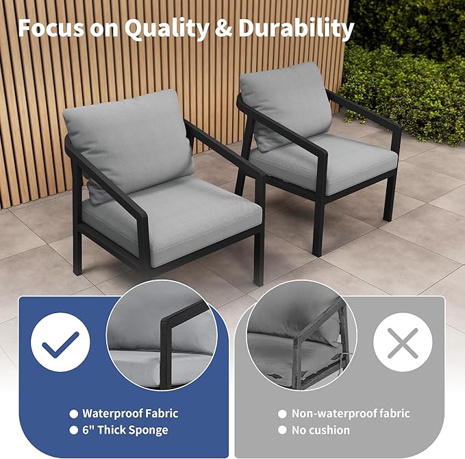 Patio Conversation Sets Outdoor Armchair, 2 Piece Aluminum Patio Sofa Chairs with Washable Thick Cushions, Modern All-Weather Patio Furniture Sets for Garden, Backyard, Porch (Brlack+Grey)