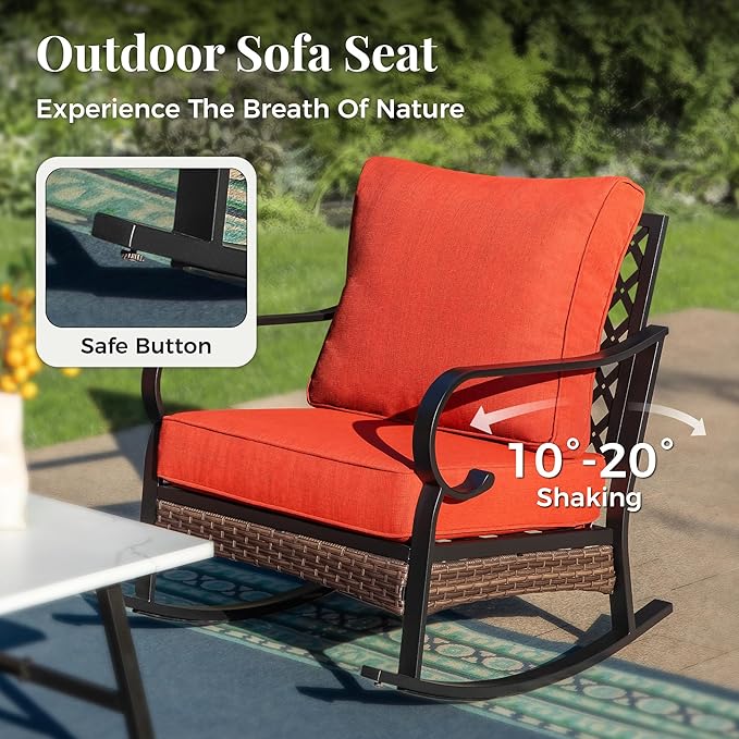 Patio Furniture Set with Fire Pit Table, 4 PCS Metal Outdoor Conversation Set with 5.75'' Extra Thick Cushion, 2 Rocking Chairs, Loveseat Sofa and Gas Fire Pit Table, Red