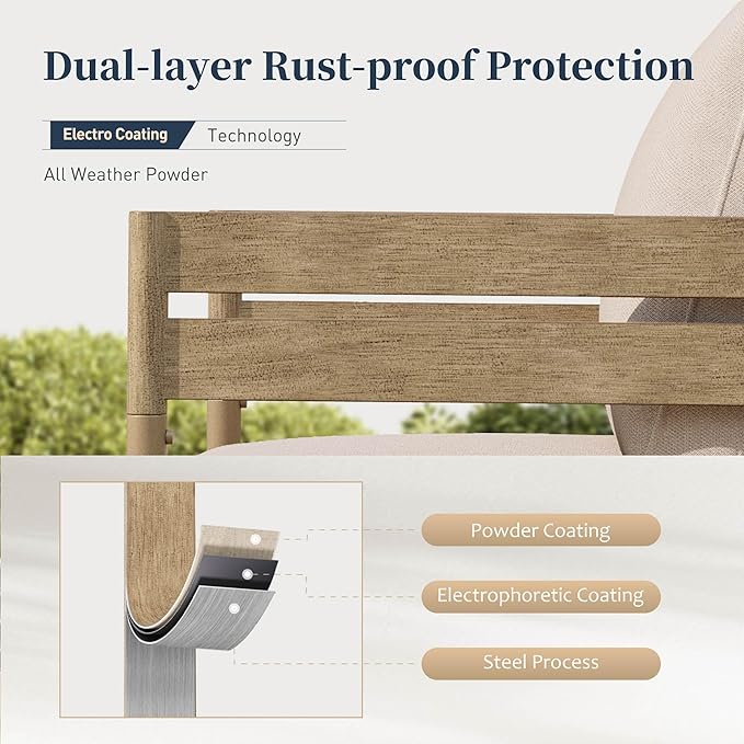 Metal Frame Outdoor Patio Sofa with Cushion, Wood-Like Patio Couch for Deck Balcony Front Porch
