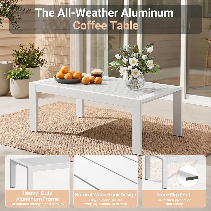 Solaste Aluminum Outdoor Loveseat with Coffee Table,2 PCS Patio Furniture Set with Cushions, All-Weather Outdoor Patio Sofa Sets for Balcony, Deck, Backyard, Porch, Garden, White