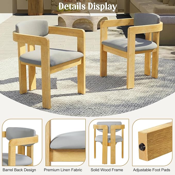 VilroCaz Acacia Wood Outdoor Dining Set for 4, All-Weather Outdoor Round Dining Table and 4 Barrel Chairs & Removable Cushions, 5-Piece Patio Furniture for Backyard Deck Poolside (Gray-ZD)