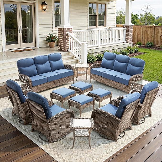 14-Piece Luxury Patio Furniture Set with 6-inch Thick Cushion,Outdoor Wicker Sofa Couch Set of 2 & Swivel Rocker Chairs, Conversation Set for Poolside, Deck & Yard - Blue
