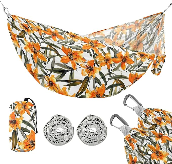 Camping Hammock Outdoor Hammocks for Outside Orange Floral Flowers Beach Trees Portable Lightweight with Pockets Tree Straps Indoor Small