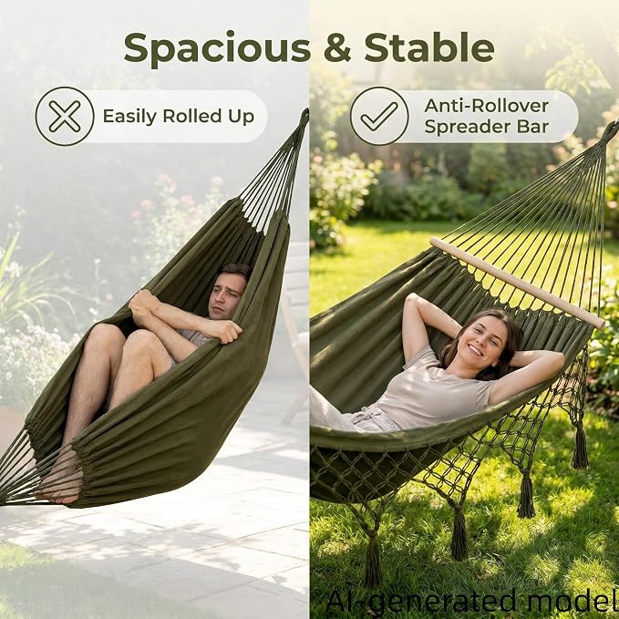 Boho Fringe Hammock with Carry Bag and 2 Tree Straps, 2 Person Fabric Hammock, 500 lb Capacity for Backyard, Porch, Patio, Camping, Indoor Outdoor Use