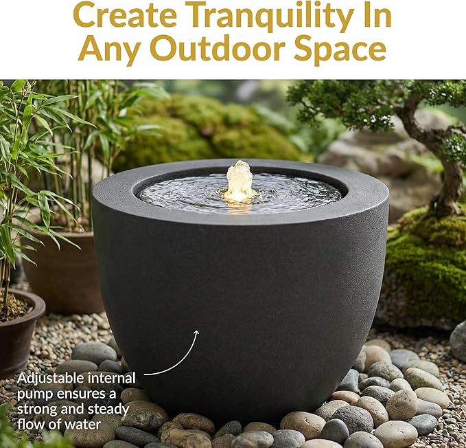 Sunnydaze Outdoor Water Fountain with LED Light - Polystone Oval Bowl Bubbler Water Feature with Pump - 12" H - for Patio, Garden, Deck, Relaxation and Stress Relief - Black