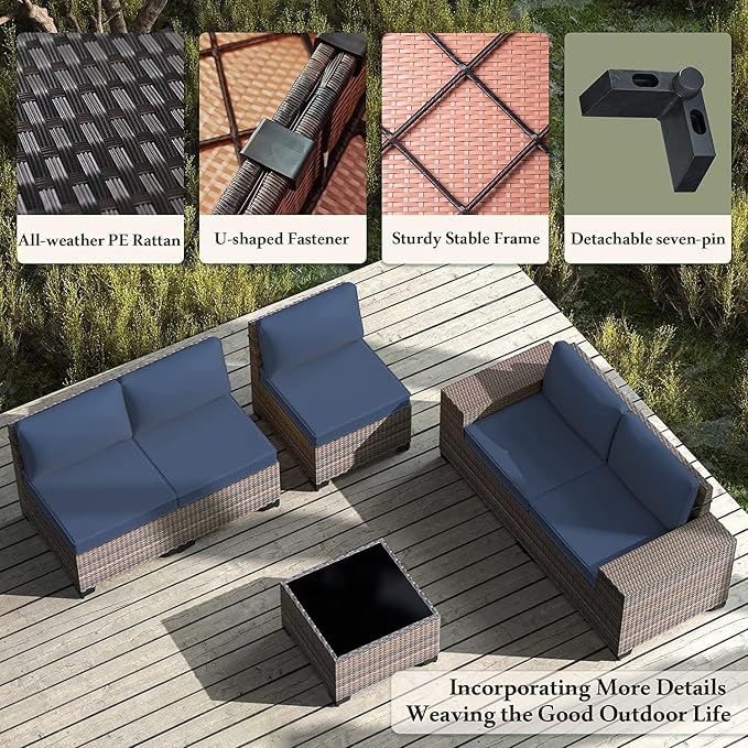 8 PCS Outdoor Patio Furniture Set,Outdoor Sectional Furniture All Weather PE Rattan Wicker Patio Conversation Set with 2 Ottomans and Coffee Table,Navy Blue