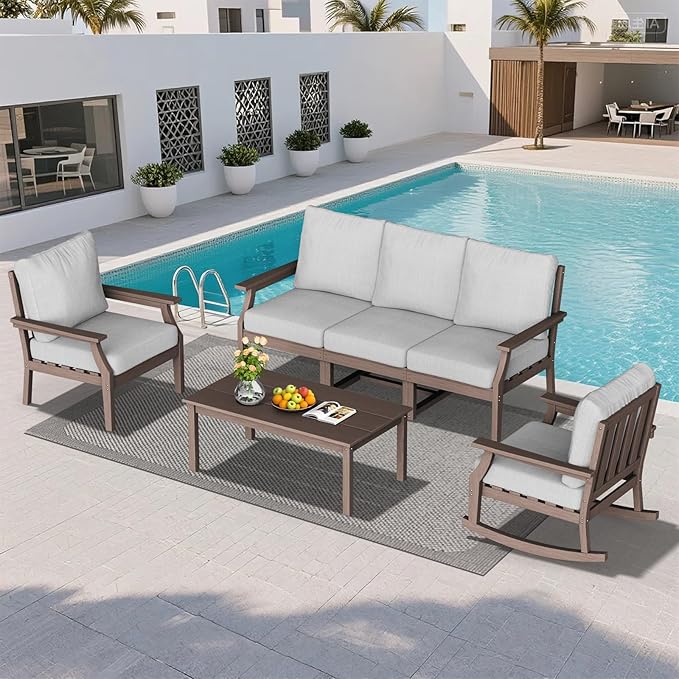 HDPE Patio Conversation Set, 6-Piece All Weather Outdoor Furniture Set with 1 Single Rocking Armchairs for Deck, Lawn, with Cushion, Brown