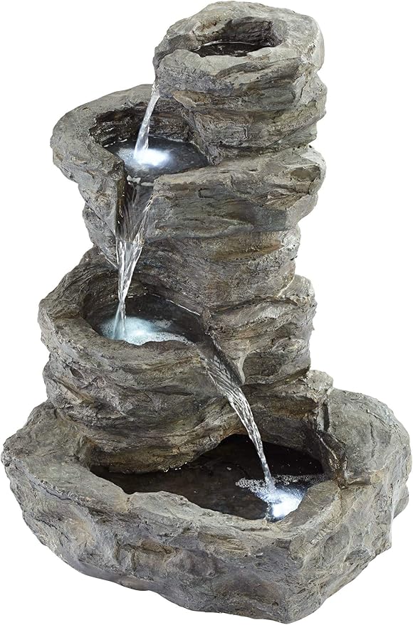 Rock Cascade 22" High Large Zen Rustic Outdoor Decor Gray Faux Stone Floor Fountain with Light LED Standing Waterfall Bowl Tiered Water Feature for Outside Garden Patio Yard Backyard - John Timberland