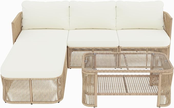 Merax 4-Piece Patio Furniture Set, L-Shaped Outdoor Wicker Modular Sectional Sofa with Thick Cushions and Glass Top Coffee Table, Rattan Patio Conversation Set for Backyard, Garden and Poolside, Beige