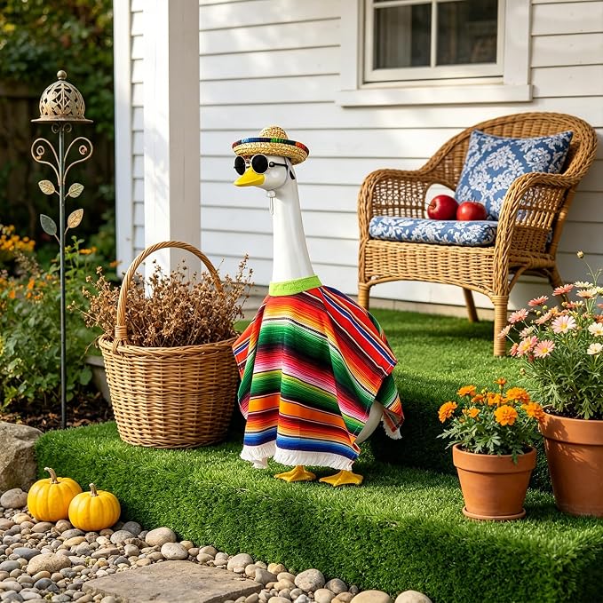 Cinco De Mayo Porch Goose Outfits, Mexican Outfit Fits 17 23 Inch Statue | Summer Goose Clothes with Hat, Serape Striped Poncho and Sunglasses for Outdoor Garden Yard Lawn Patio Decor