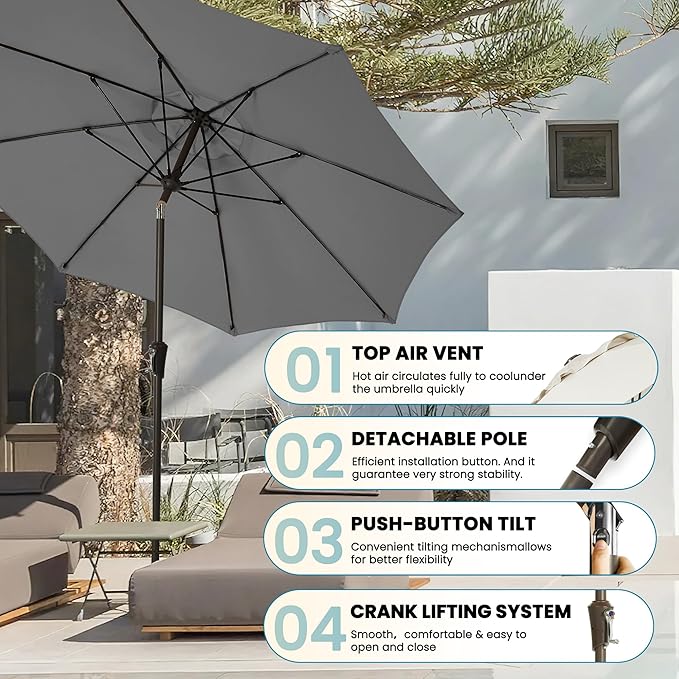 9FT Large Outdoor Patio Umbrella Pool Market Umbrella-UV Resistant, Easy Push Button Tilt and Crank, 8 Sturdy Ribs Heavy-Duty Table Umbrella for Deck, Backyard, Garden(Grey)
