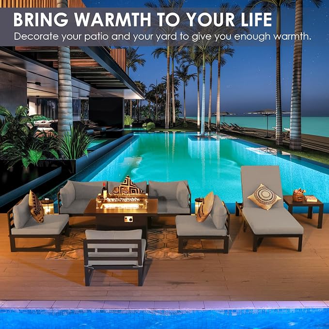 RADIATA 9 Piece Large Contemporary Aluminum Outdoor Furniture Set with Sun Bed & Fire Pit Table, 29 inch Deep Couch Set, 500 lbs High Weight Capacity, Patio Sectional Sofa for Poolside, Light Gray
