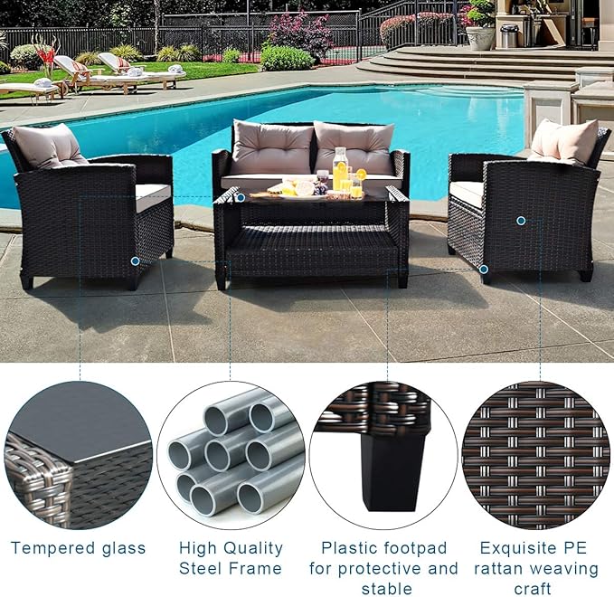 Tangkula 8-Piece Patio Furniture Set, Rattan Wicker Chair Set with 2 Loveseat, 4 Single Sofas, 2 Coffee Table with Tempered Glass Top, Outdoor Furniture Sets for Backyard, Porch, Garden and Poolside