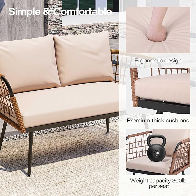 LAUSAINT HOME 4 Pieces Outdoor Patio Furniture Set, Rattan Balcony Furniture with Coffee Table, Patio Conversation Set with Soft Cushions for Patio, Porch, Balcony and Backyard