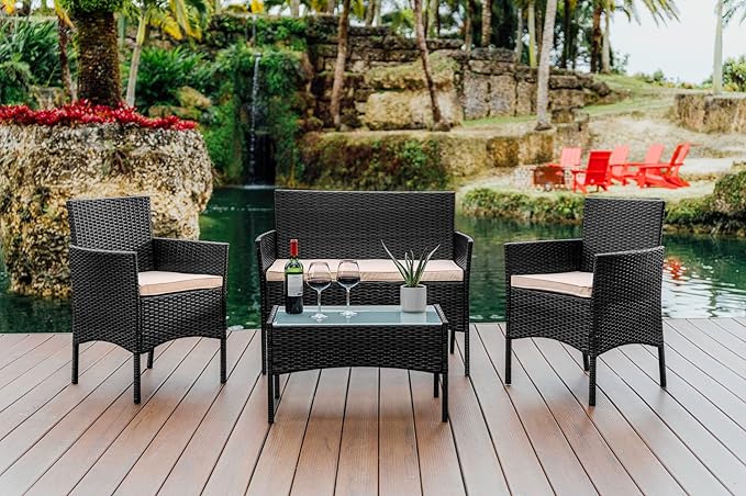 Nestl Wicker Patio Furniture - 4 Piece Outdoor Set with 2 Chairs, Loveseat, Glass Top Coffee Table, Perfect for Backyard, Pool or Front Porch (Black/Beige)