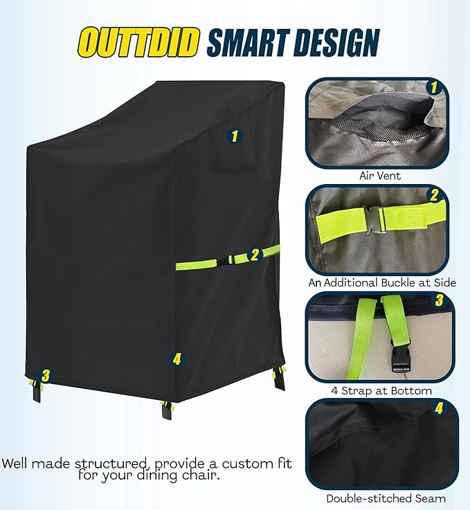 Stackable Patio Chair Cover - 600D High Back Outdoor Chair Cover Waterproof & Heavy Duty, 2 Pack Lawn Furniture Stacking Seat Cover for 4-6 Outdoor Stackable Dining Chairs - 28 x 36 x 47 Inch