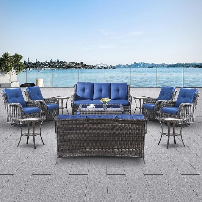 Belord 13 Piece Wicker Patio Furniture Set, Outdoor Swivel Rocker Chairs Set of 4 with Ottomans and Rattan Couch, All Weather Patio Conversation Furniture Set, for Pool,Yard Gray Wicker/Blue