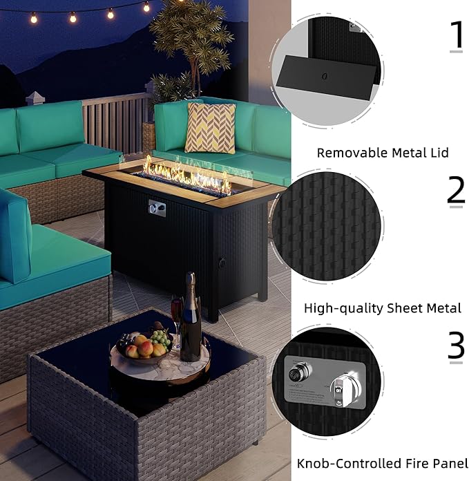 JAMFLY 8 Piece Outdoor Patio Furniture Set with Propane Fire Pit Table, All-Weather PE Wicker Rattan Sectional Sofa Set with Thick Cushions for Backyard, Garden, Poolside(Blue, Silver)