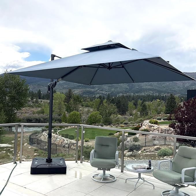 PURPLE LEAF Cantilever Umbrella with Base Included 10FT Outdoor Double Top Large Offset Hanging 360° Rotation Heavy Duty Square Umbrella for Garden Patio Deck Pool Backyard Spectrum Denim