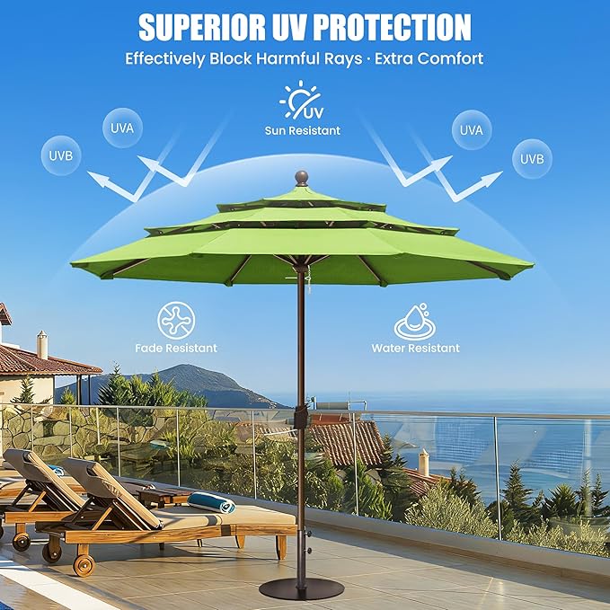 EliteShade USA 10-Year-Non-Fading 11ft 3-Tier Market Patio Umbrella, Commercial Grade Outdoor Table Umbrella with Crank Open, Windproof & UPF 50+ UV Protection, Heavy Duty Ventilation for Garden, Deck, Pool, Backyard, Beach & Bistro, No Tilt, Macaw Green