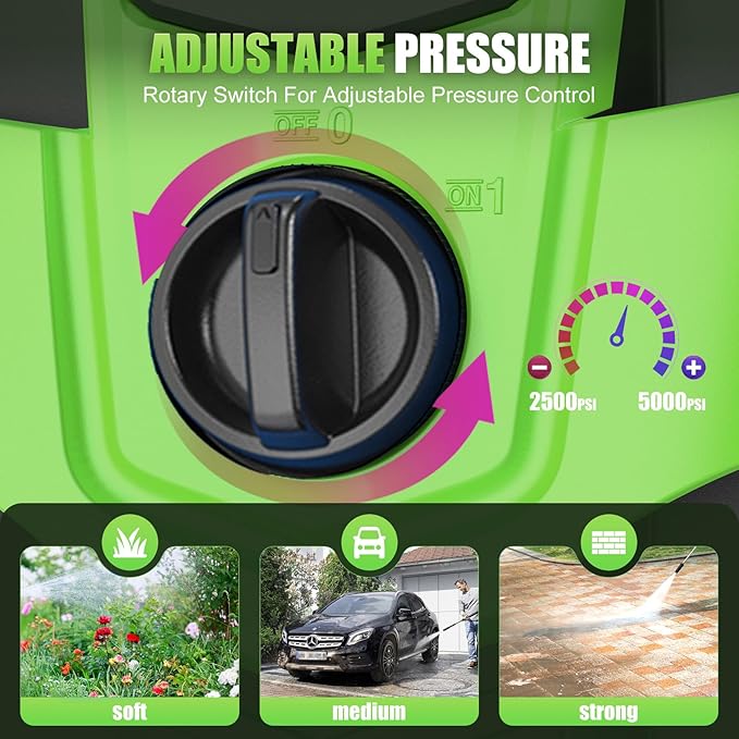 Pressure Washer 5000 PSI Adjustable Pressure, Power Washer Powered with 33ft Pressure Hose, 4 Nozzles and 500ml Foam Cannon, Powerwashers for Home, Green