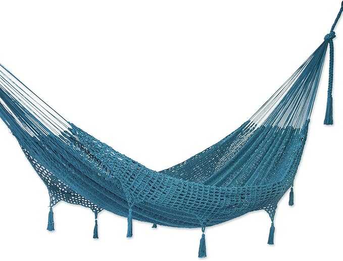 NOVICA Handmade Cotton Rope Hammock Teal Double from Mexico Solid Maya 'Veranda in Teal'Double