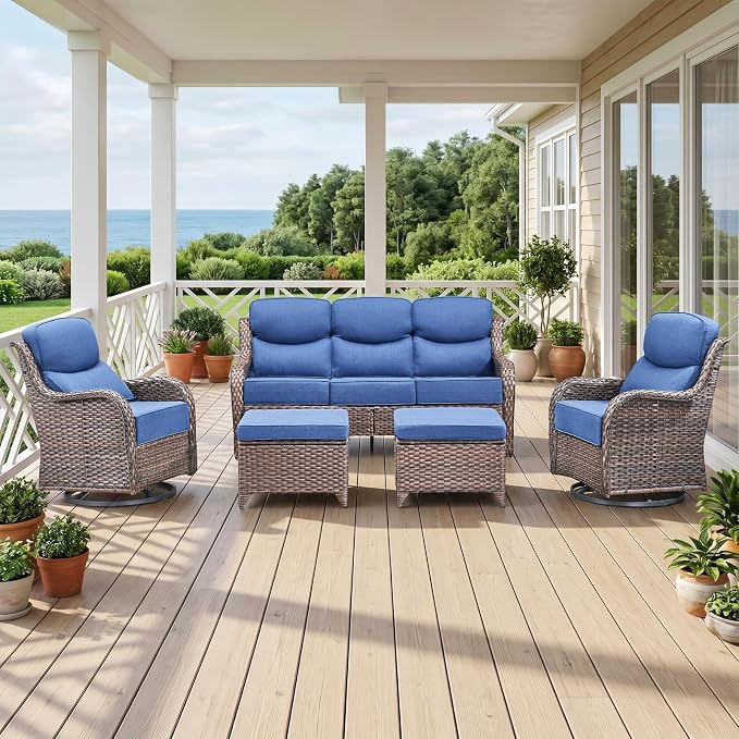 Luxury High Back Outdoor Furniture with 6-Inch Thick Cushions, Patio Furniture Set with Swivel Chairs, 5 PCS Wicker Conversation Set for Porch, Balcony, Deck and Yard