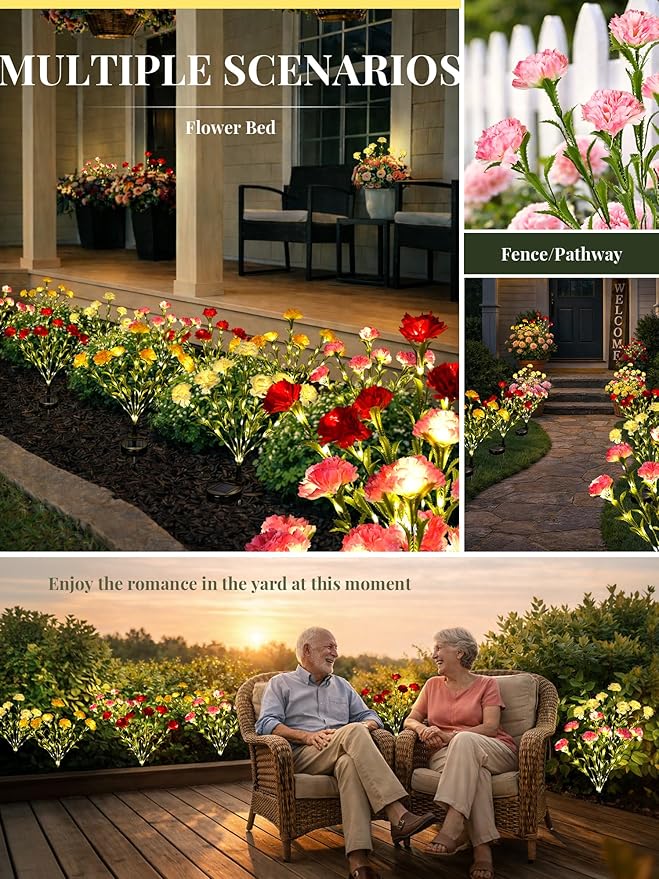 GIGALUMI Solar Lights Outdoor for Garden Decor, 4 Pack Solar Flower Lights Waterproof, 2 Lighting Modes 28 Carnations for Pathway,Yard, Patio Decoration, Gardening Gifts for Women (Multi-Colored)