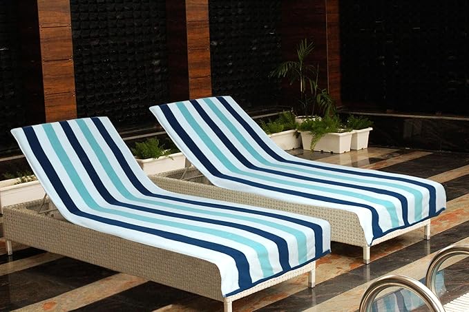 COTTON CRAFT Pool Lounge Chair Cover - 2 Pack Cabana Stripe Chaise Lounge Chair Cover - Soft 100% Cotton Dobby Terry Towel Beach Chair Cover - Oversized 32 W x 82 Length x 7 inch Pocket – Ocean Blue