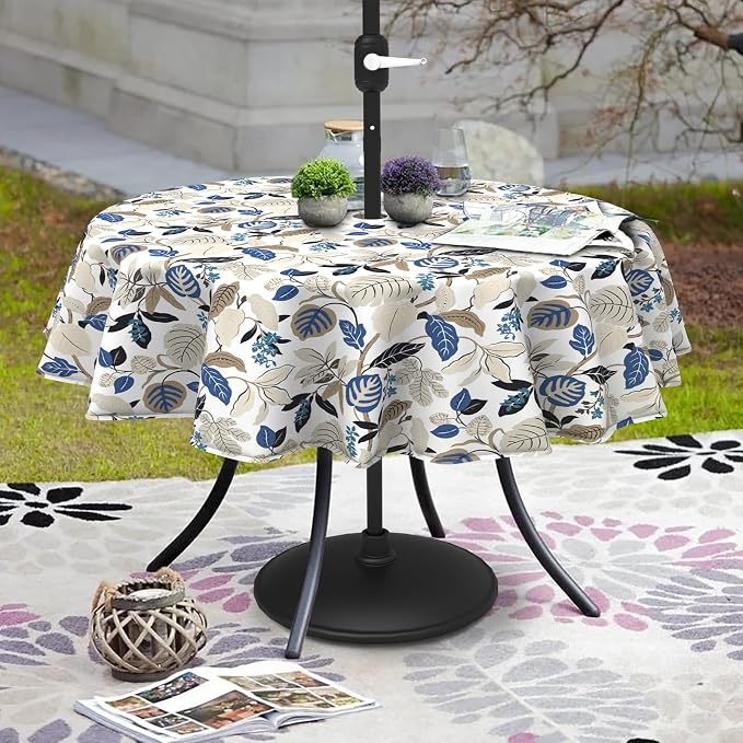 DYTXIII Outdoor Round Tablecloth with Umbrella Hole 60 Inch, Water Repellent & Fade Resistant Table Cover, All Weather Outdoor Tablecloth for Garden & Party Table, Breeze Leaves Beige