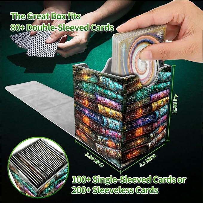 Colorful Books Card Deck Box for MTG, Personalized Card Storage Case Fits 120+ Sleeved Cards, Premium Leather TCG Box with Strong Magnetic Closure for Magic, CCG, PTCG, Baseball Cards