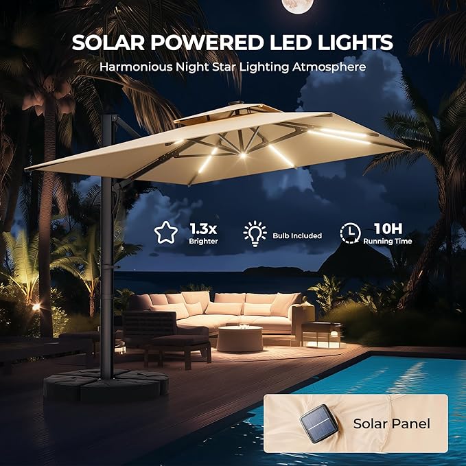 HOMSHADE 10 ft Square Cantilever Patio Umbrella with Base Included, Solar Lights Large Umbrella Outdoor Patio with 360°Rotation&Tilting, LED Lighted Offset Umbrellas w/Stand for Pool Deck