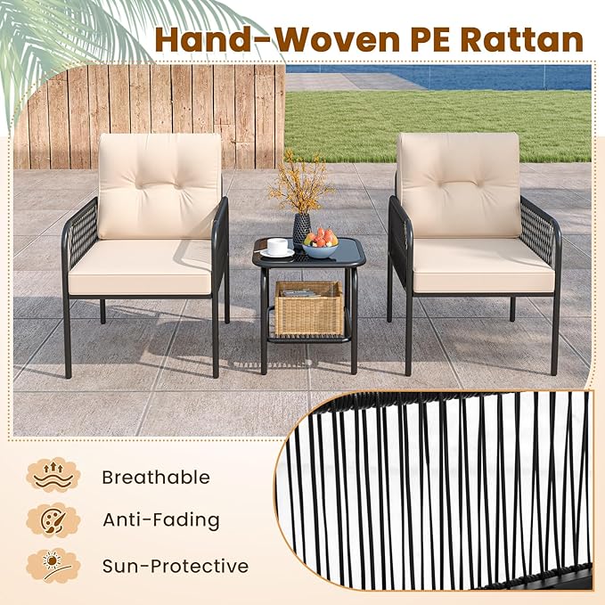 Tangkula 3 Pieces Patio Bistro Set, PE Rattan Furniture Set with Tempered Glass Table, Chairs, Back and Seat Cushions, Outdoor Wicker Conversation Set for Porch, Backyard, Garden and Poolside