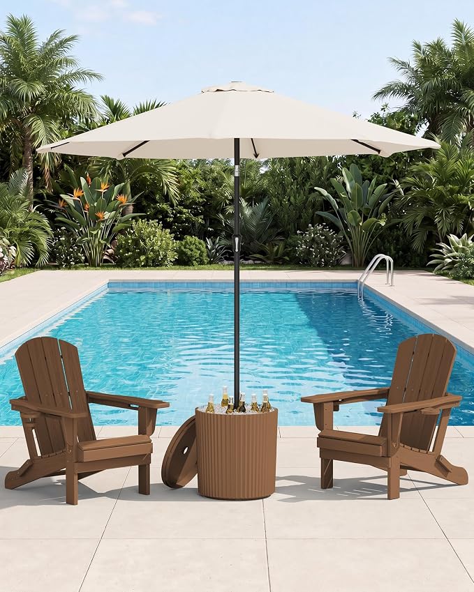 SERWALL Round Outdoor Umbrella Side Table, 3-in-1 Outdoor Patio Table with Umbrella Hole for Porch/Patio/Poolside, Brown