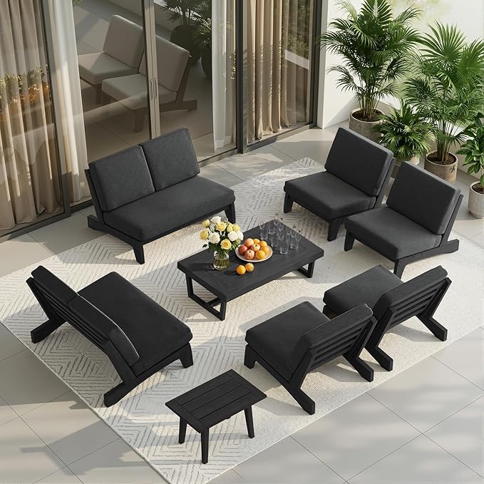 UIXE 8 Pieces All Weather Black Wood Patio Furniture Sets, 2 Patio Loveseat, 4 Patio Bistro Chair, Outdoor Sectional Sofa Furniture Backyard Conversation Set with Coffee Table - Dark Gray