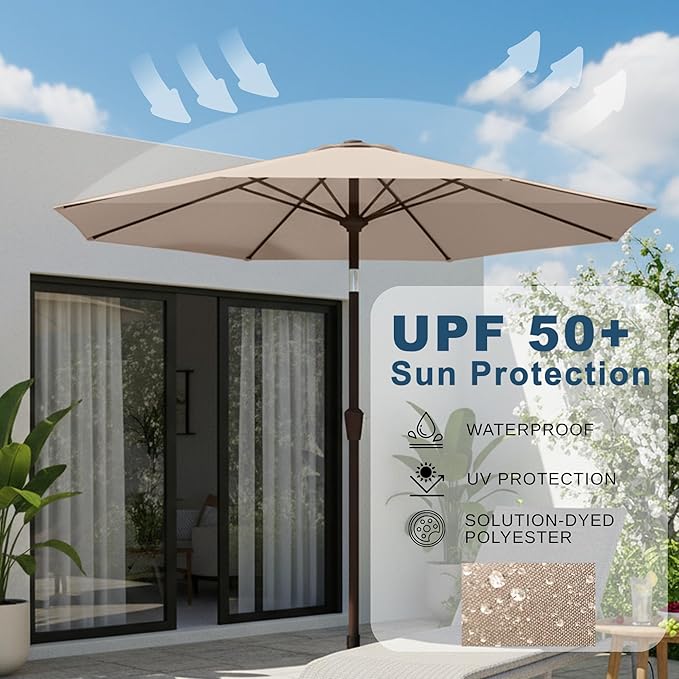 9ft Patio Umbrella with Push Button Tilt and Crank,Outdoor Market Table Umbrella UV Protection 8 Sturdy Ribs for Backyard,Garden,Pool,Deck(Beige)