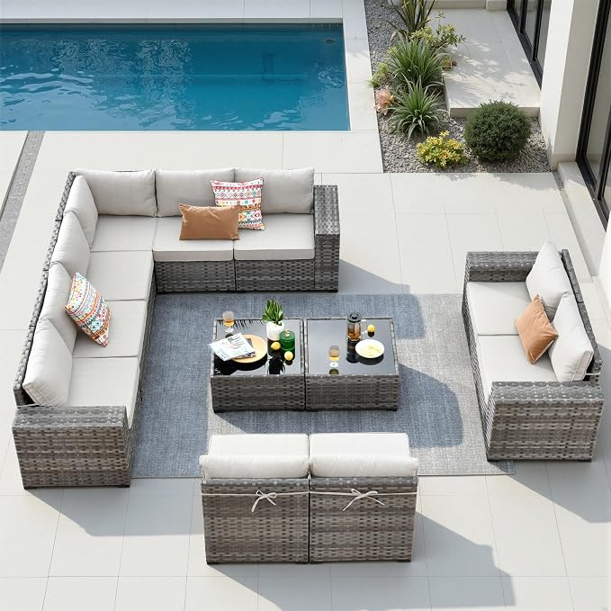 12 Pieces Patio Furniture Set, Wicker Outdoor Sectional Sofa with Coffee Table Comfy Cushions, Modern Modular Deep Seat Rattan Couch Conversation Set for Backyard Porch Yard,Beige